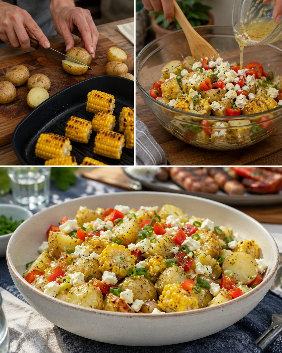 Sommerlicher Potato-Corn-Salad mit Feta, ideal für Grillpartys.