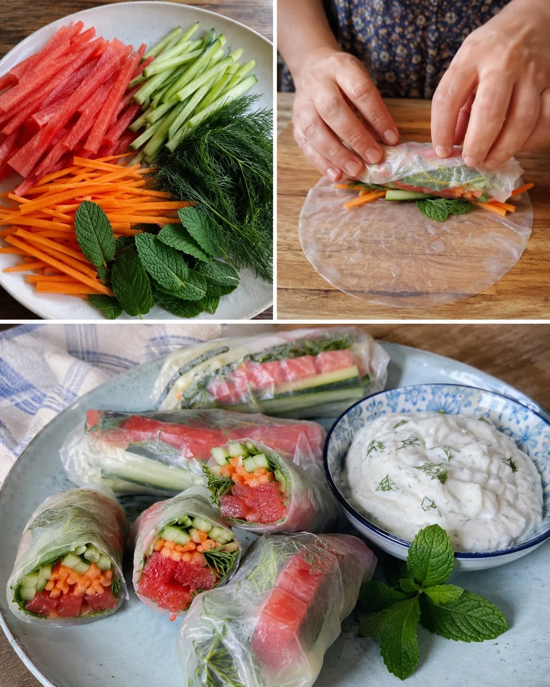 Sommerrollen mit Melone und Frischkäse-Dip auf einem weißen Teller