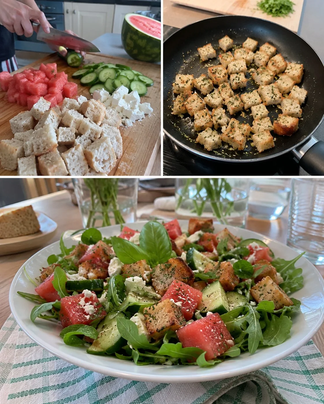 Sommersalat mit Melone, Gurke und geröstetem Brot auf einem Teller serviert.