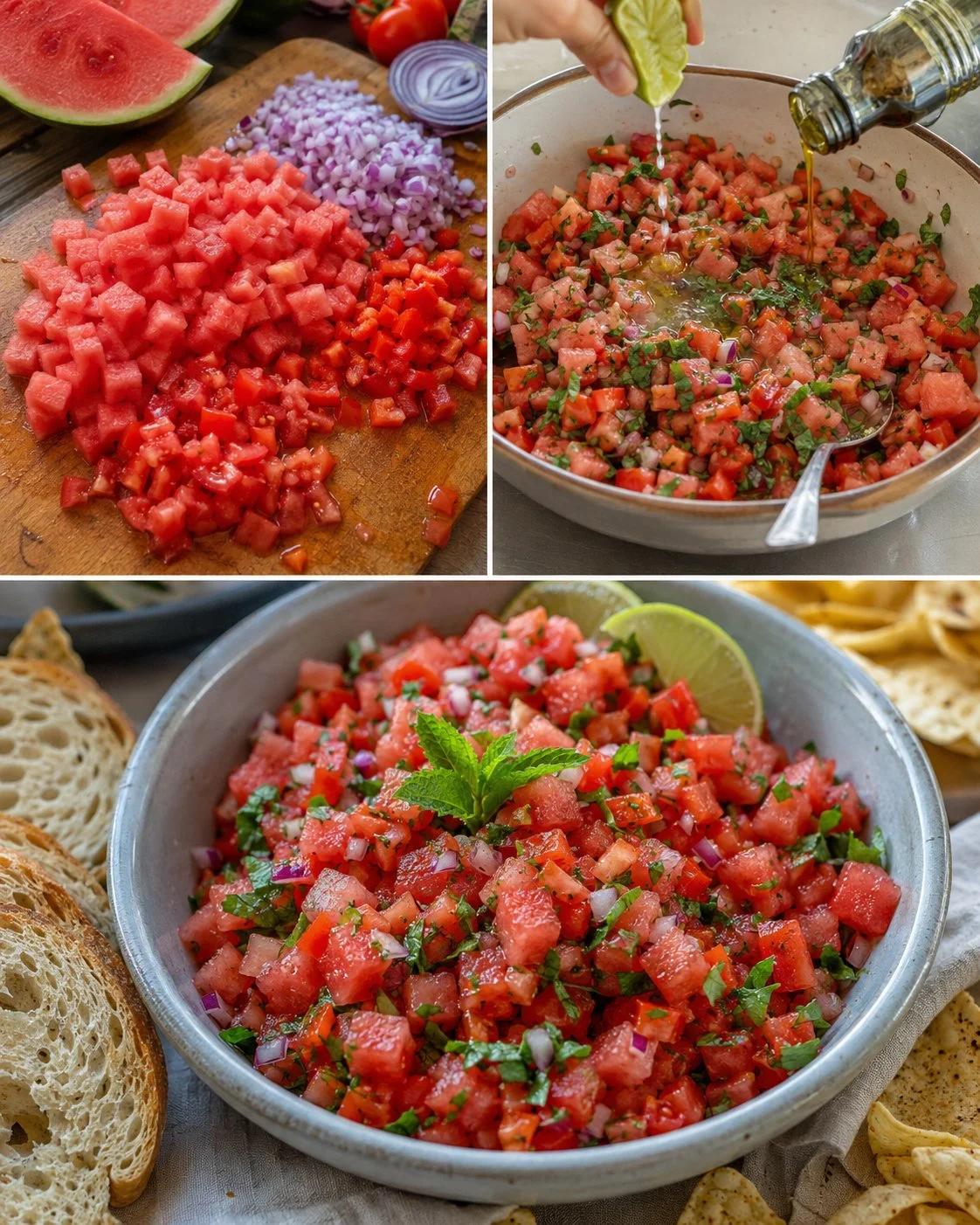 Schale mit spanischer Melonen-Tomaten-Salsa, voller frischer Zutaten.