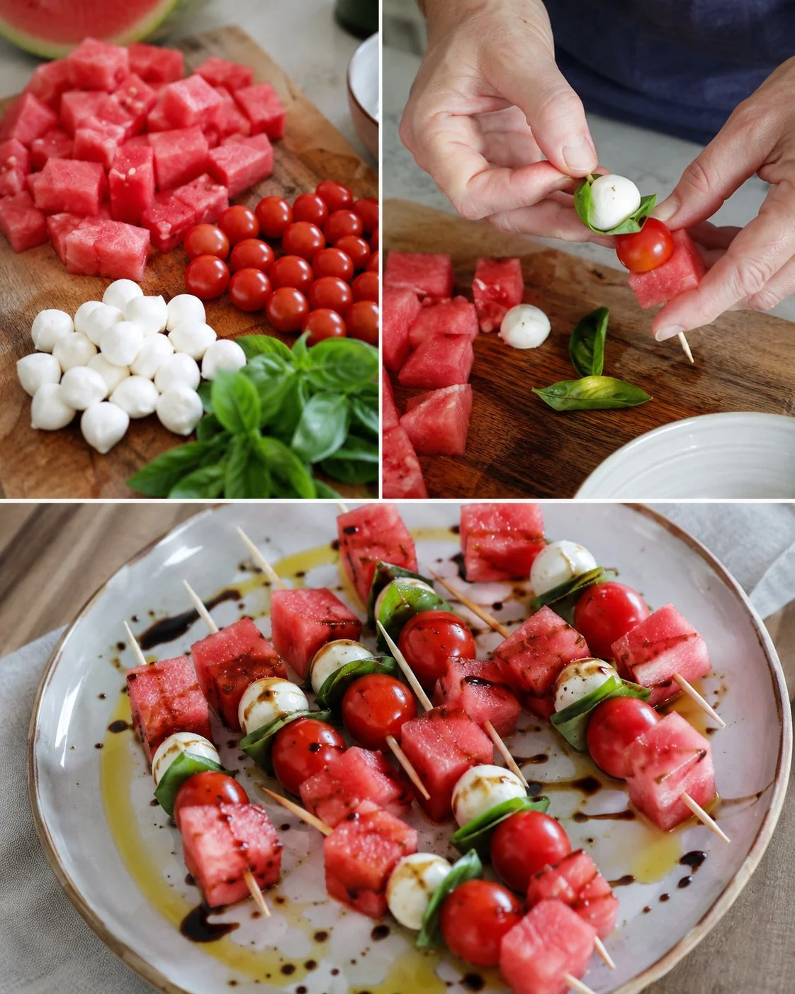 Spieße aus Tomaten, Mozzarella und Melone auf einem Teller