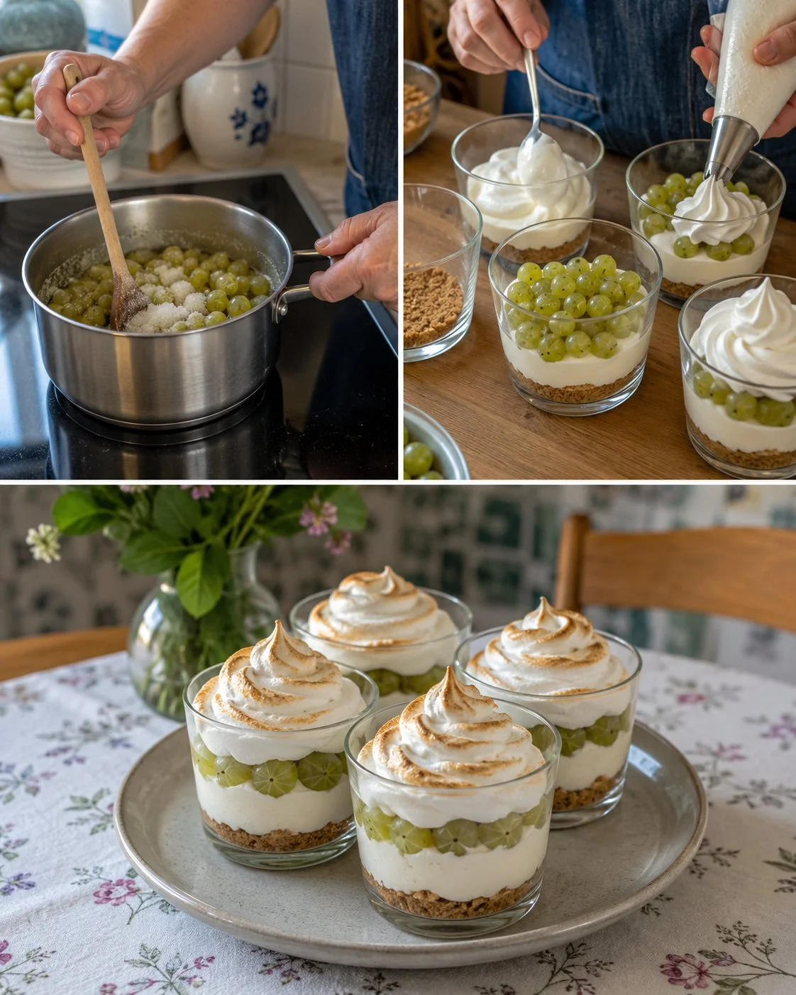 Leckere Stachelbeer-Baiser-Cups auf Quarkboden in einer eleganten Dessertpräsentation