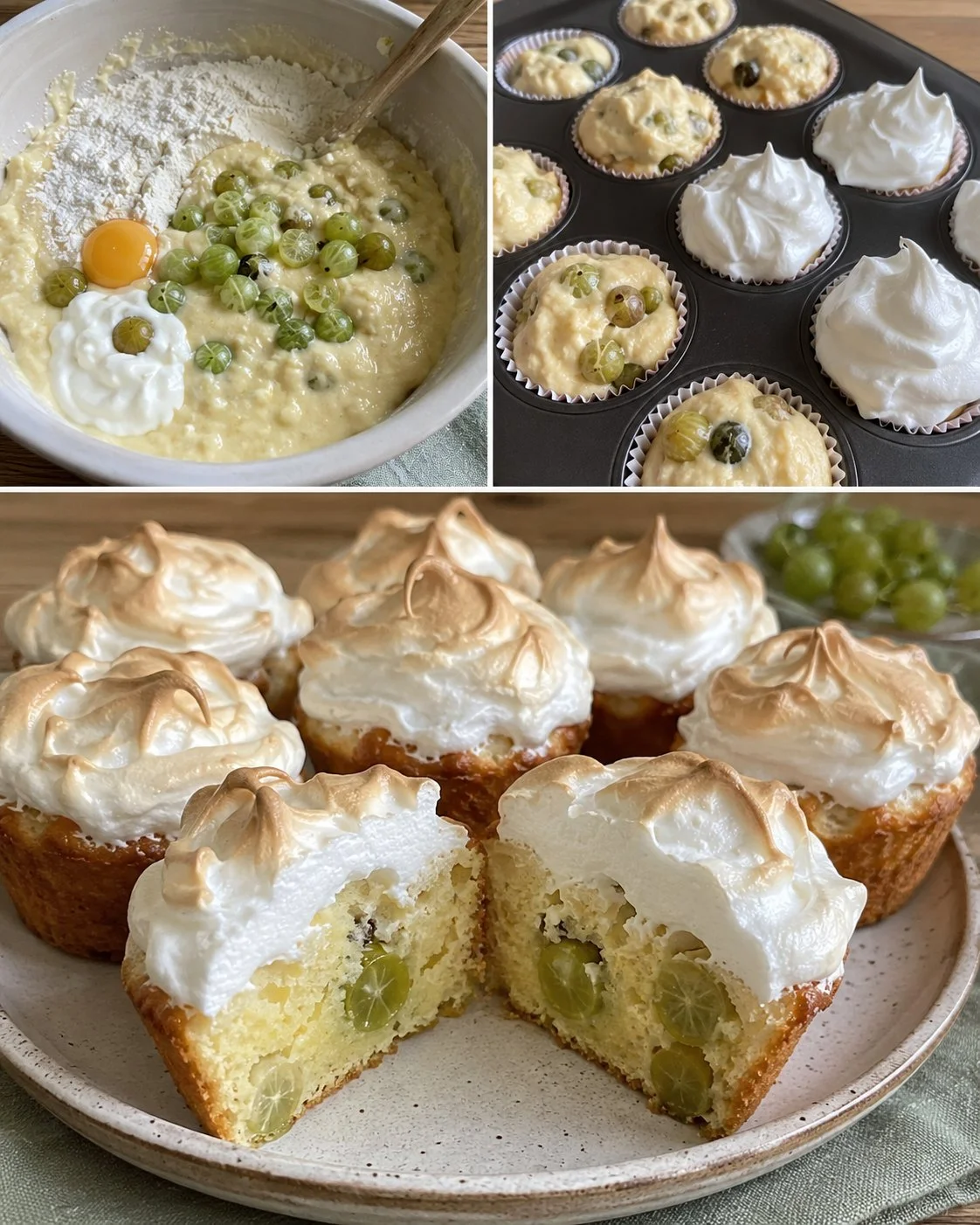 Stachelbeer-Baiser-Muffins frisch aus dem Ofen mit fruchtigem Belag