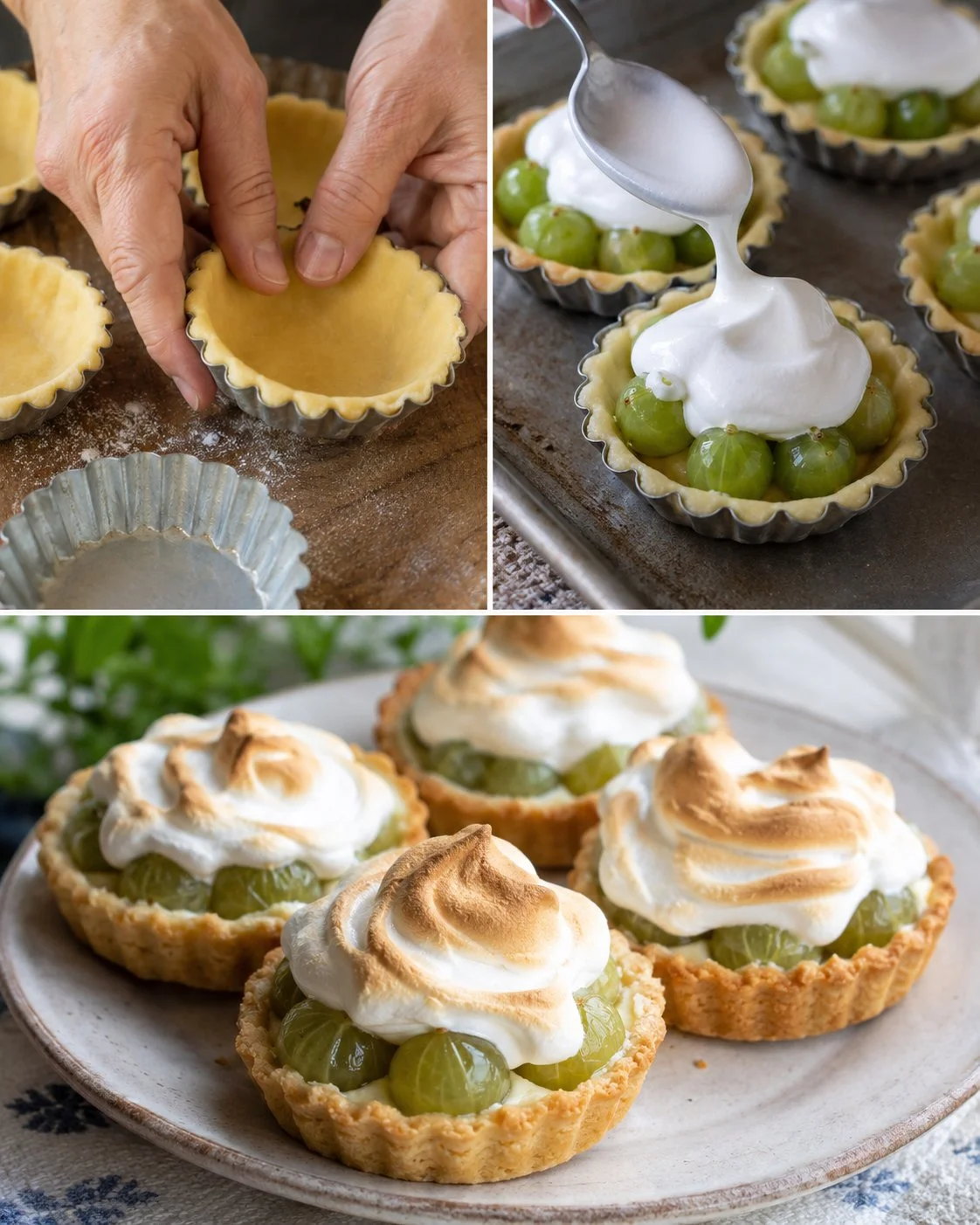 Stachelbeer-Baiser-Tartelettes auf einem Teller mit frischen Beeren