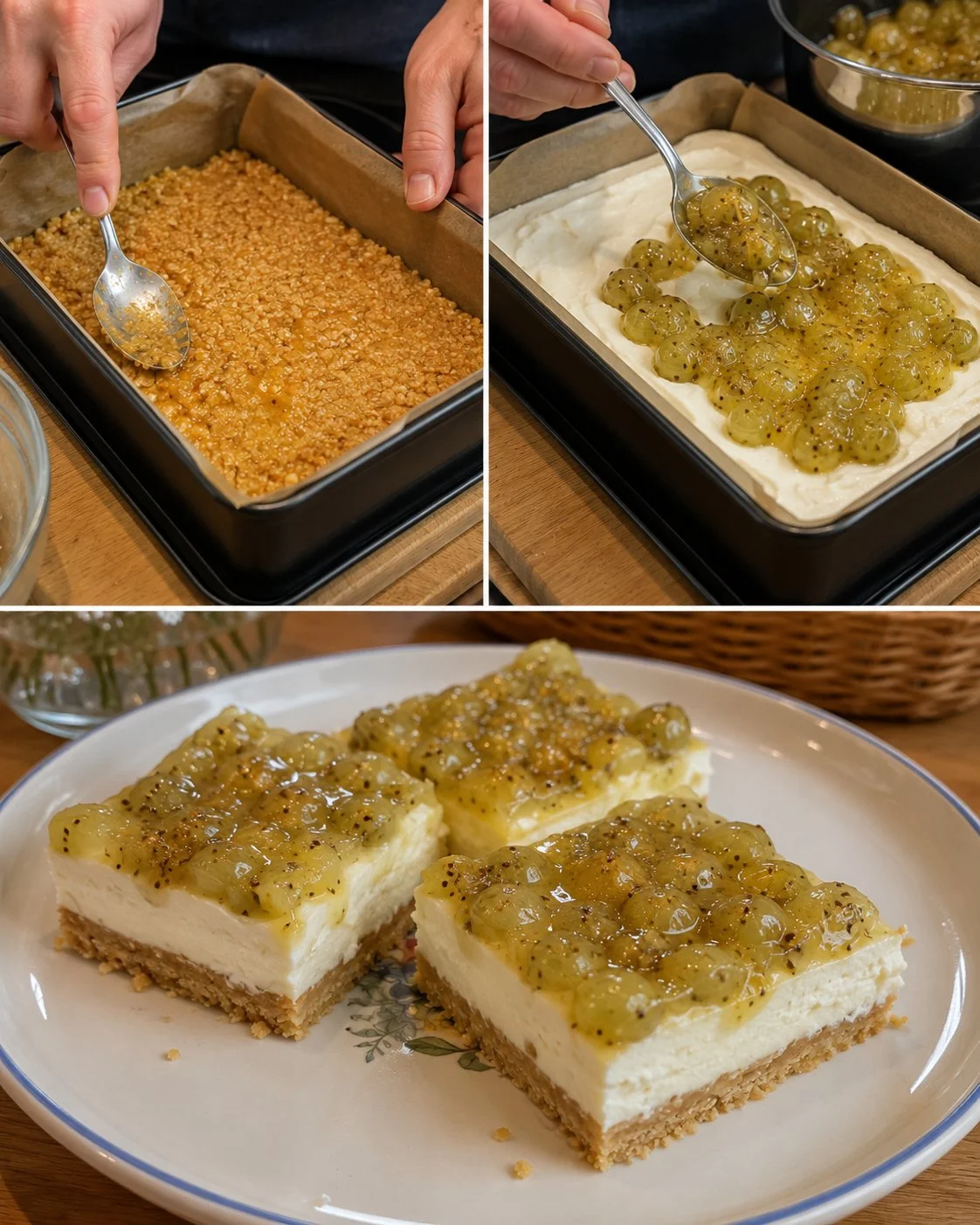 Leckere Stachelbeer-Cheesecake-Schnitten ohne Gelatine auf einem Teller