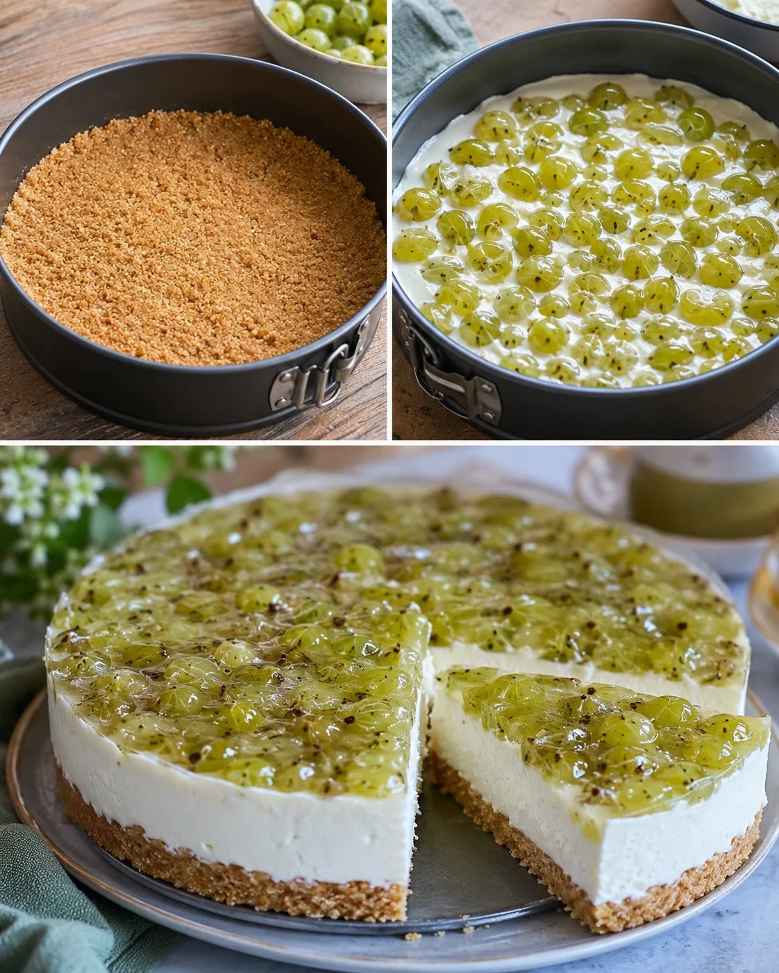 Leckere Stachelbeer-Joghurt-Torte ohne Backen, frisch und einfach zubereitet.