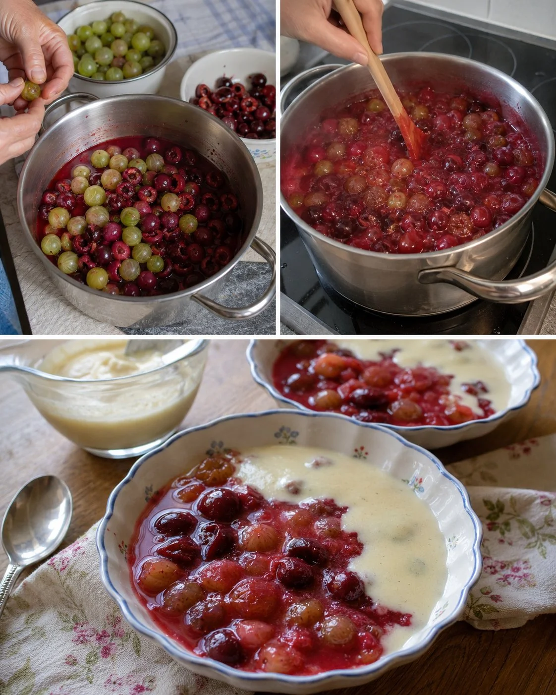 Schüssel mit Stachelbeer-Kirsch-Grütze und Vanillesoße, ein leckeres Dessert.