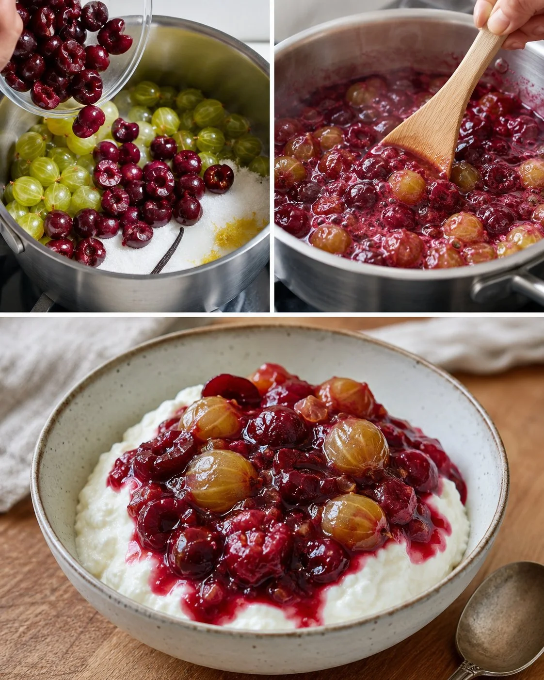 Stachelbeer-Kirsch-Kompott mit Vanillequark in einer Schüssel serviert