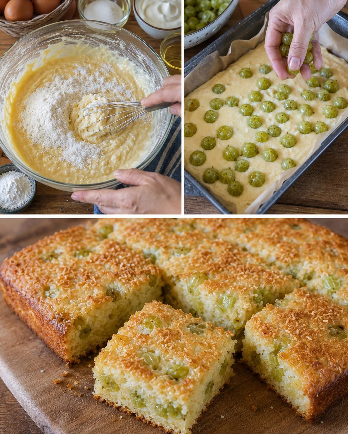 Stachelbeer-Kokos-Kuchen mit Joghurtteig auf einem rustikalen Holzbrett