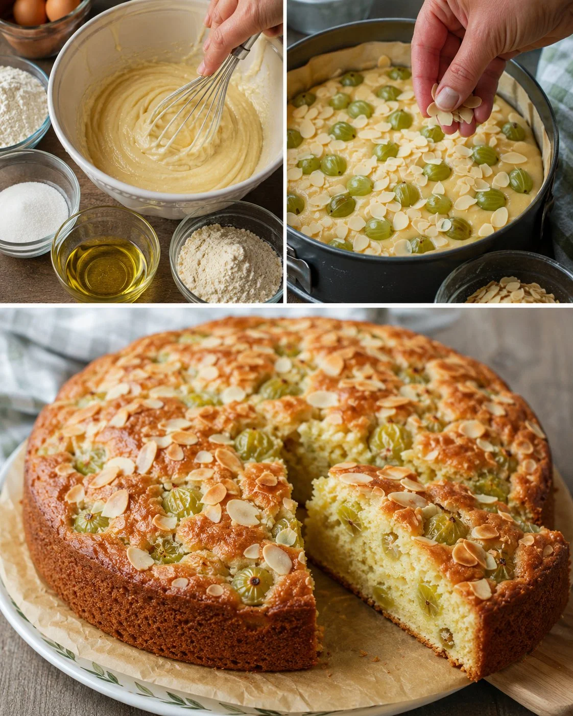 Stachelbeer-Mandelkuchen mit Joghurtteig auf einem Teller präsentiert