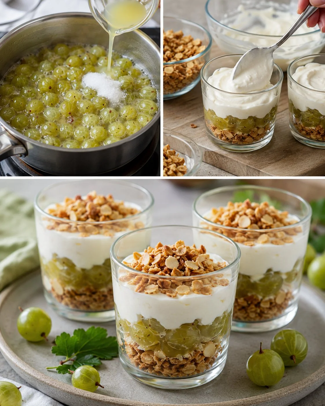 Stachelbeer-Quark-Dessert mit Hafercrunch auf einem Teller