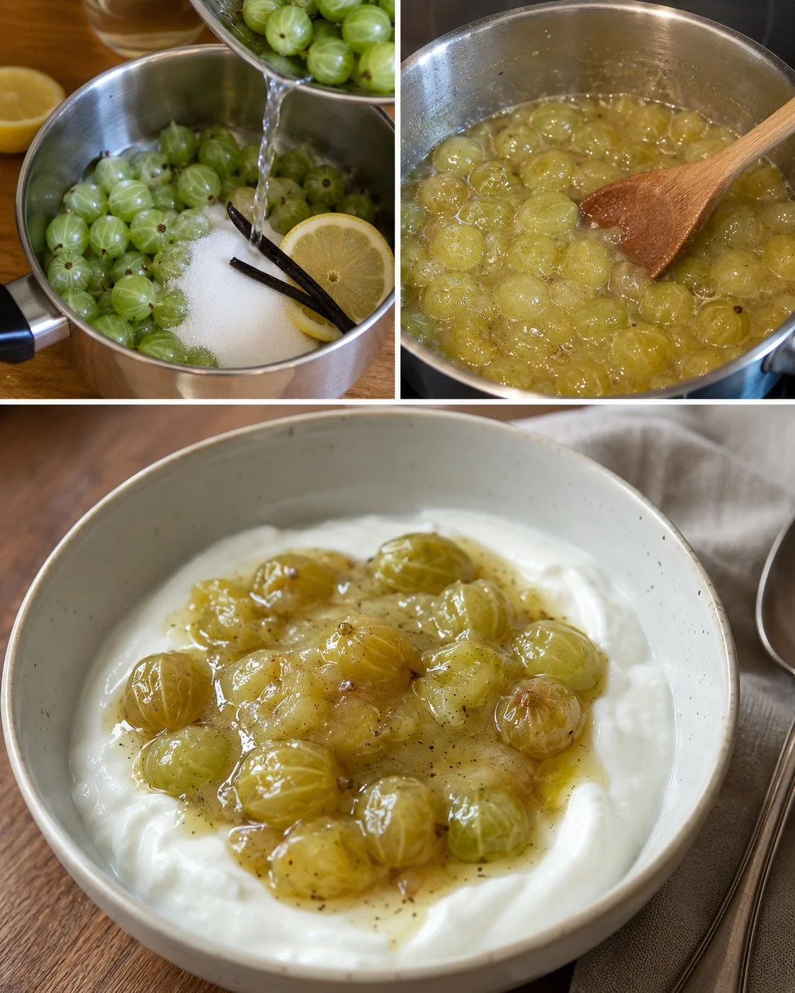 Stachelbeer-Vanille-Kompott serviert mit Joghurt in einer Schüssel