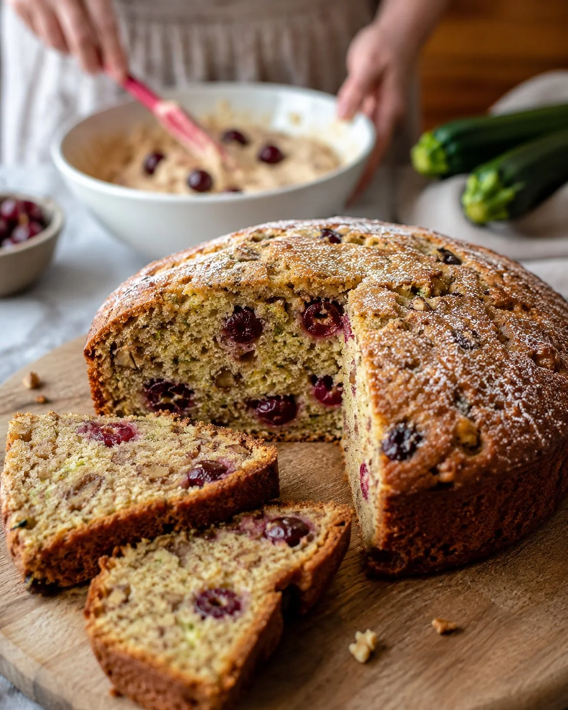Süßer Zucchini-Nuss-Kuchen mit Kirschen auf einem Teller