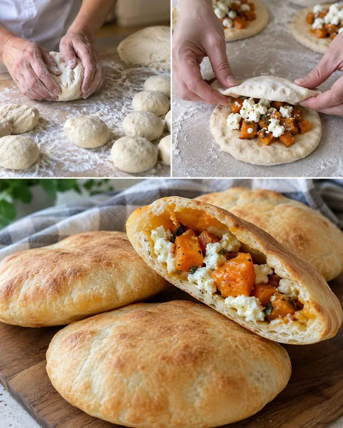 Süßkartoffel-Feta-Pita-Taschen auf einem Teller, garniert mit frischen Kräutern