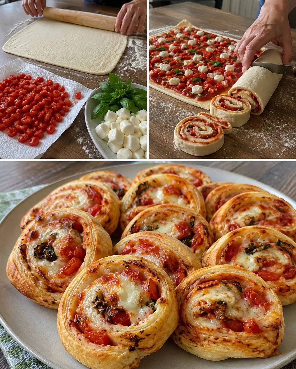 Tomaten-Basilikum-Schnecken aus Topfenteig auf einem Teller angerichtet