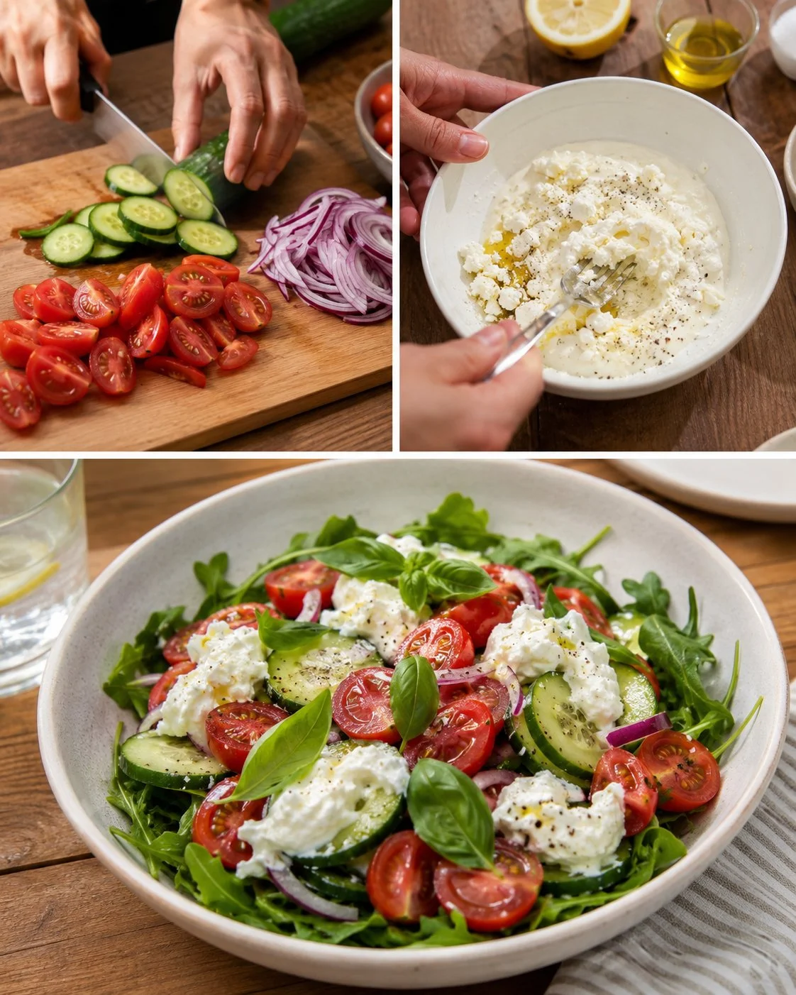 Tomaten-Gurken-Bowl mit Feta-Creme auf einem Holztisch serviert