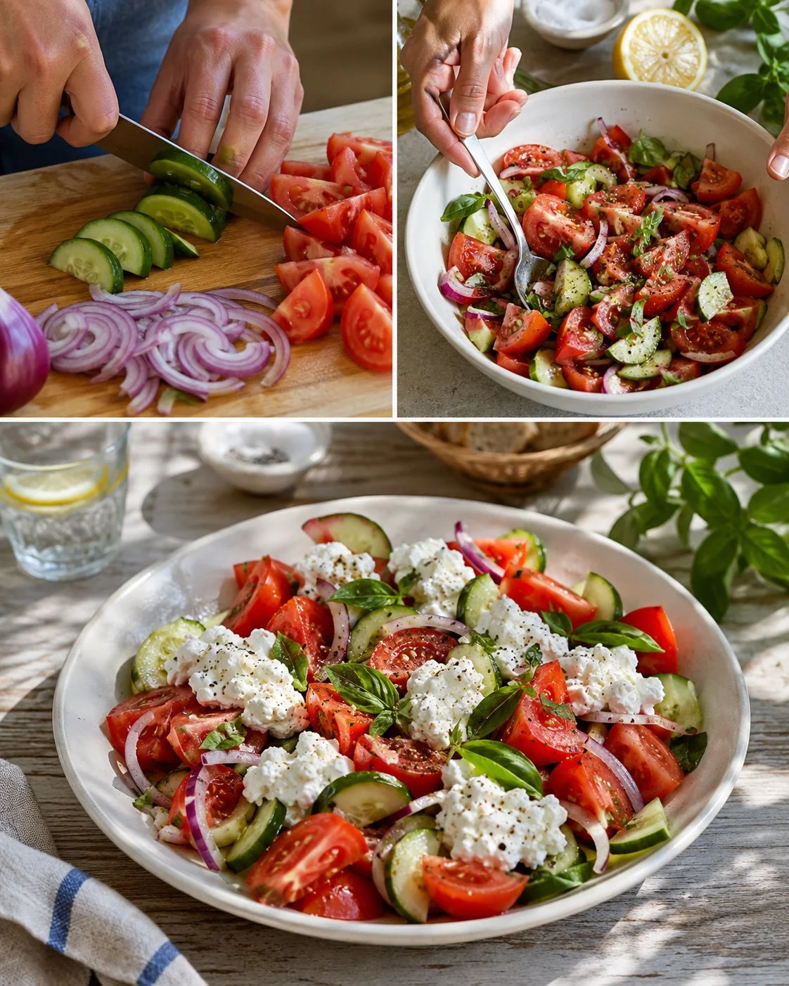 Tomaten-Gurken-Salat mit körnigem Frischkäse auf einem Teller