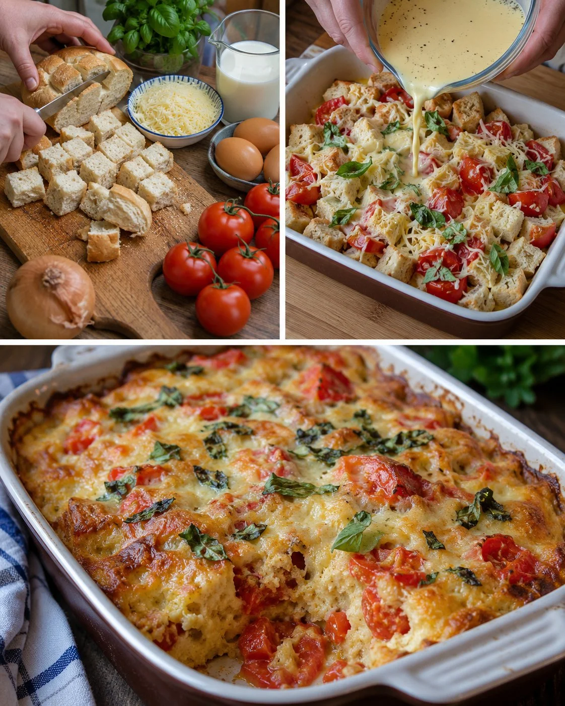 Tomaten-Knödel-Auflauf mit Basilikum und Käse im Ofen gebacken