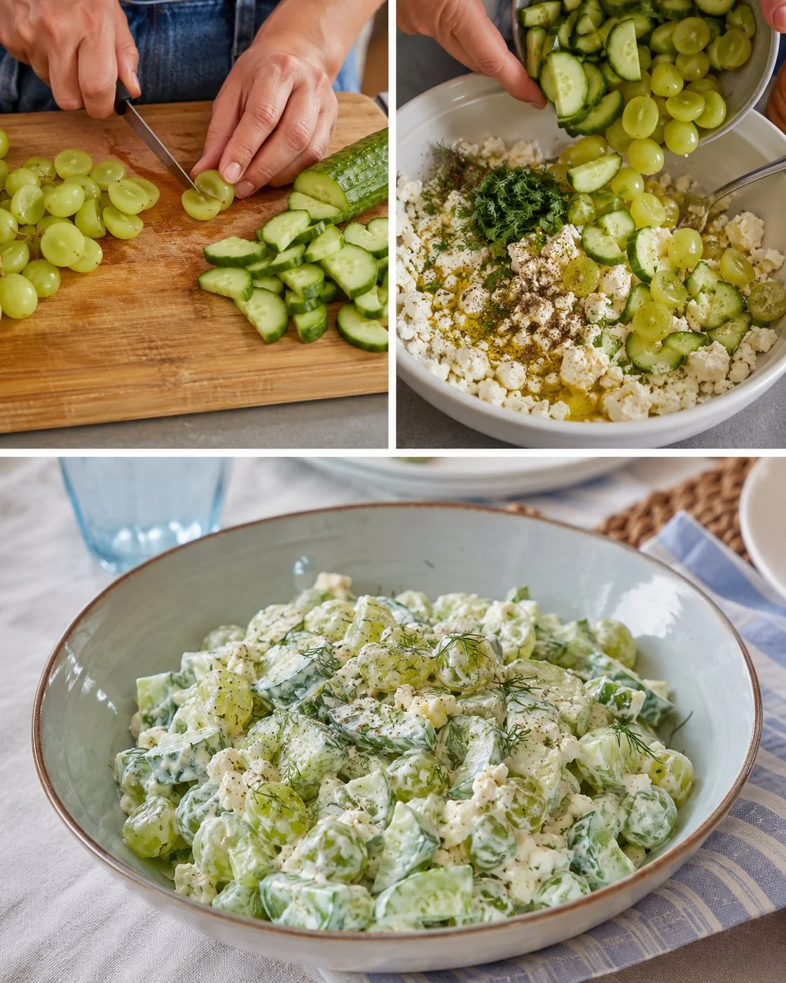 Trauben-Gurken-Salat mit Zitronenfeta auf einem Teller serviert