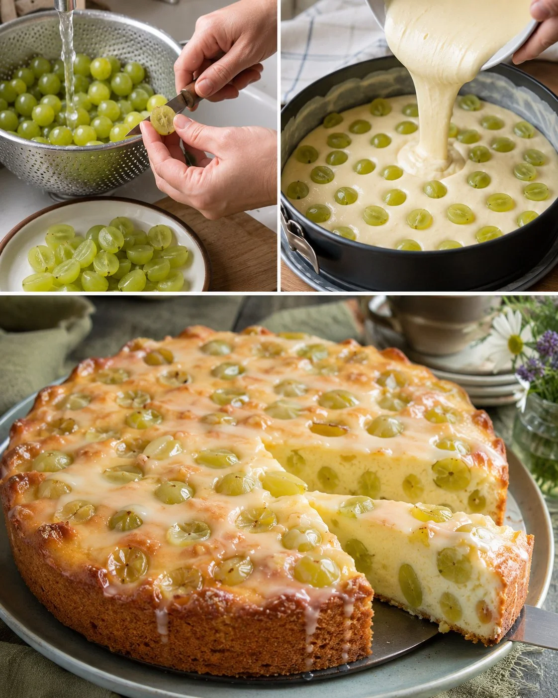Trauben-Schmand-Kuchen mit Vanilleguss auf einem Teller