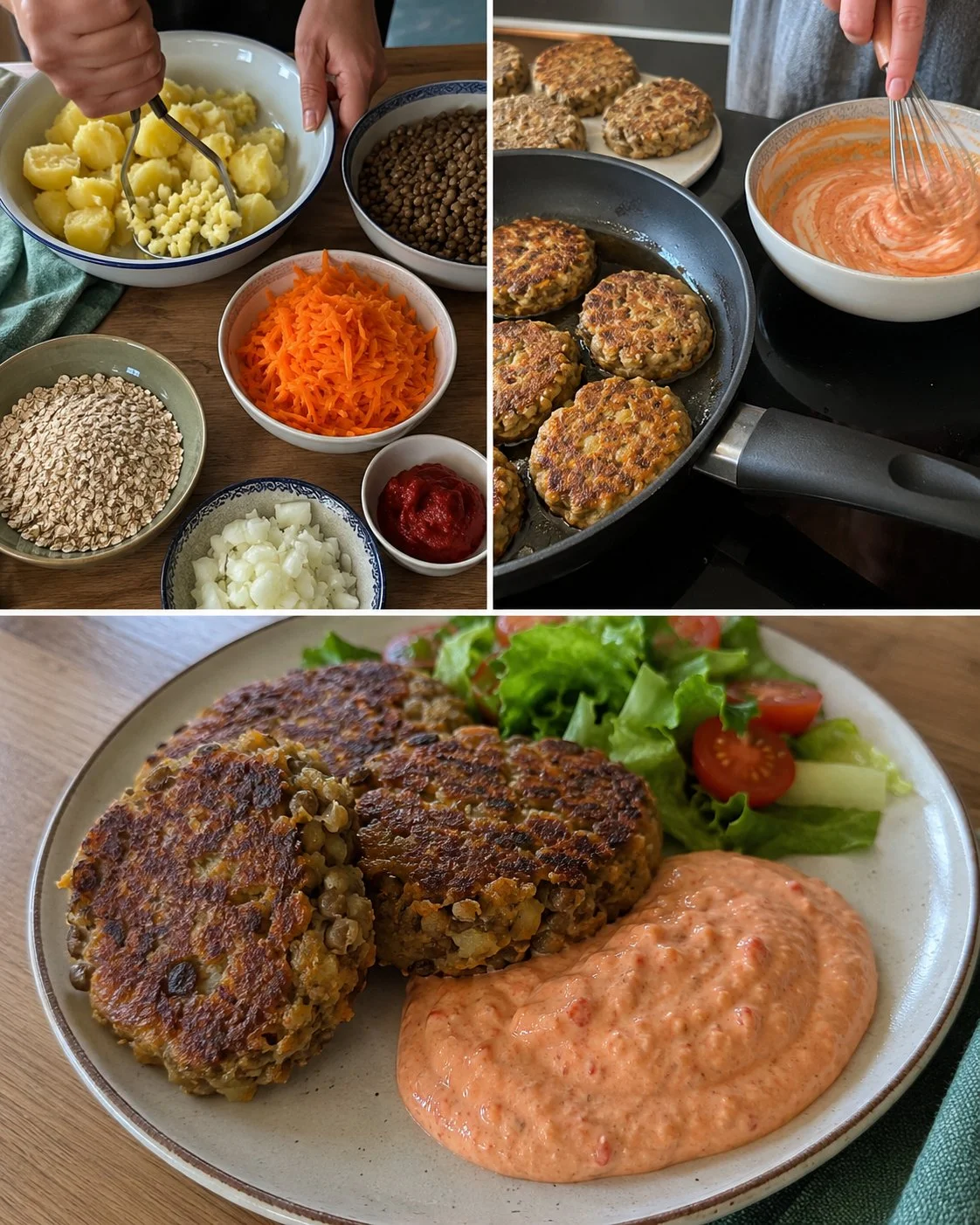 Vegane Linsen-Erdäpfel-Laibchen mit Paprika-Dip auf einem Teller angerichtet.