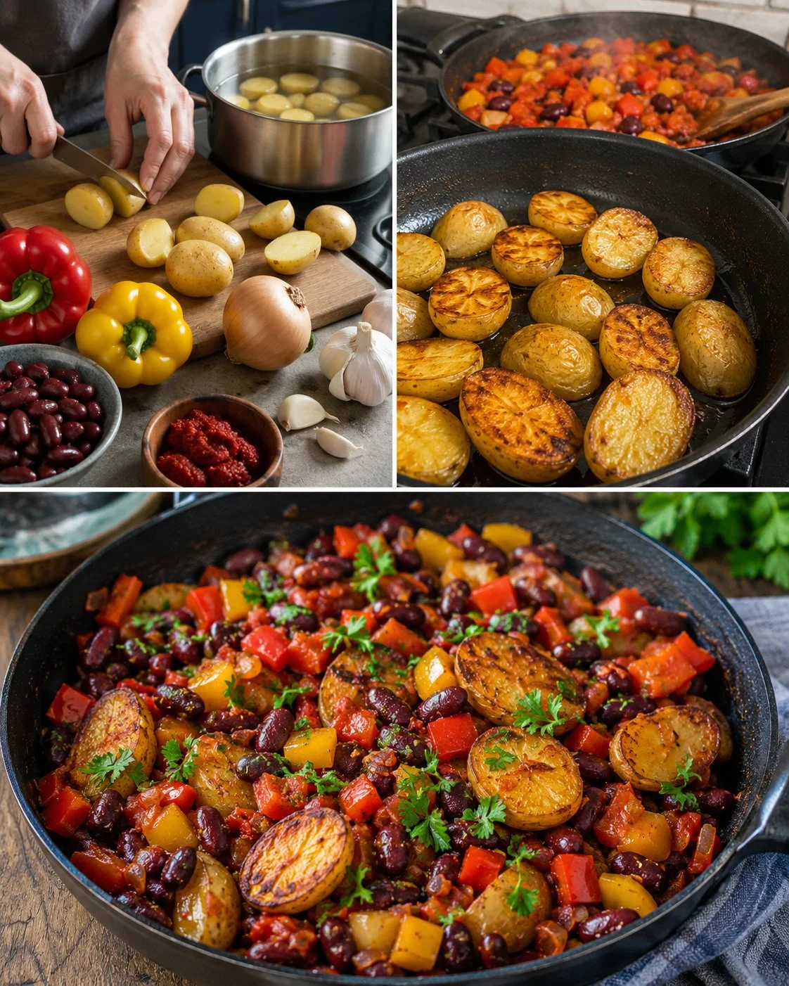 Vegane Paprika-Bohnen-Pfanne mit knusprigen Erdäpfeln auf einem Teller