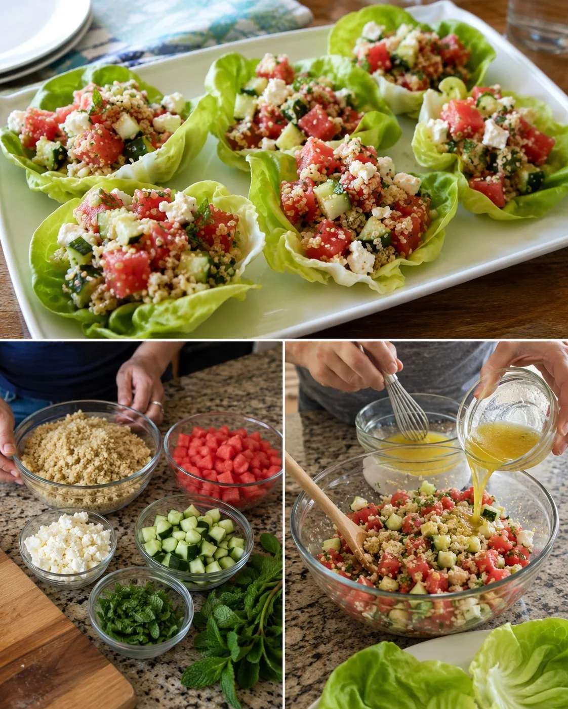 Wassermelone Feta Quinoa Becher mit crunchy Toppings