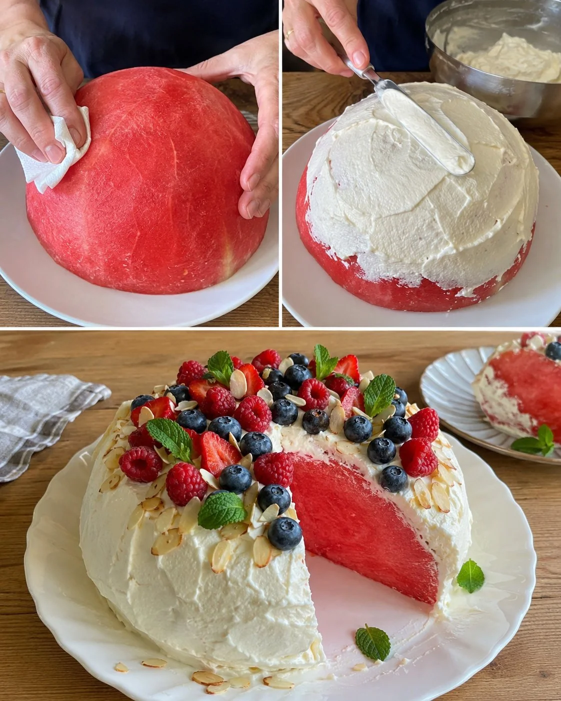 Leckere Wassermelonen-Beeren-Kuppel mit Frischkäsecreme auf einem Teller.