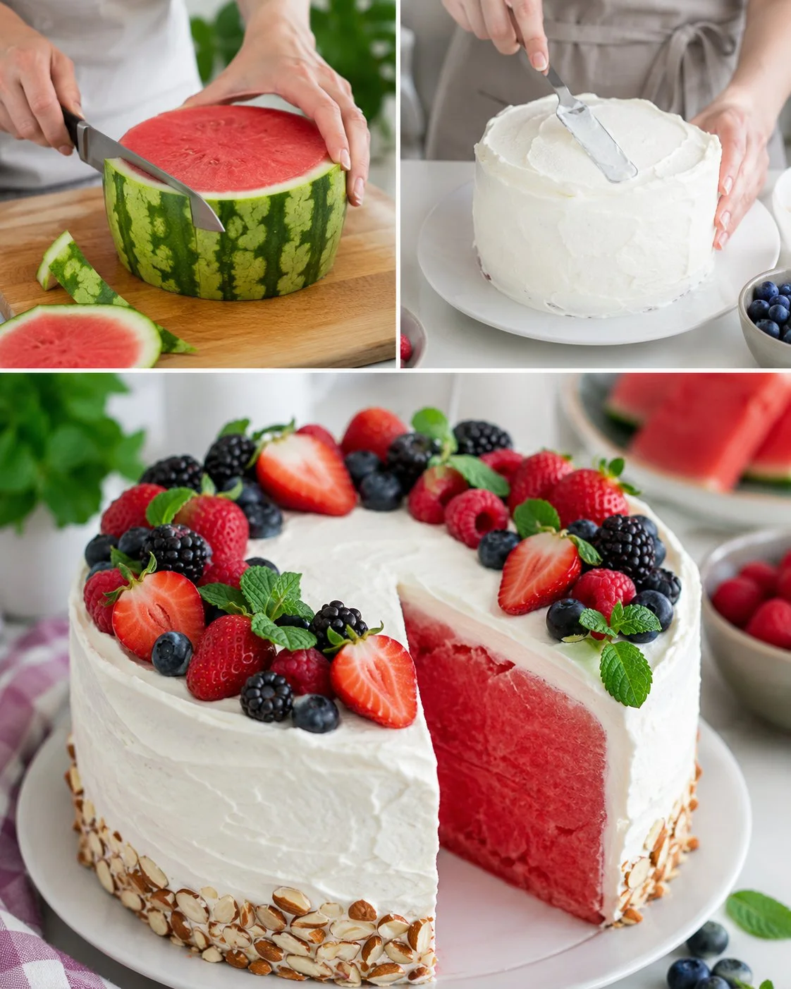 Wassermelonen-Beeren-Torte mit Frischkäsehaube auf einem Teller angerichtet.