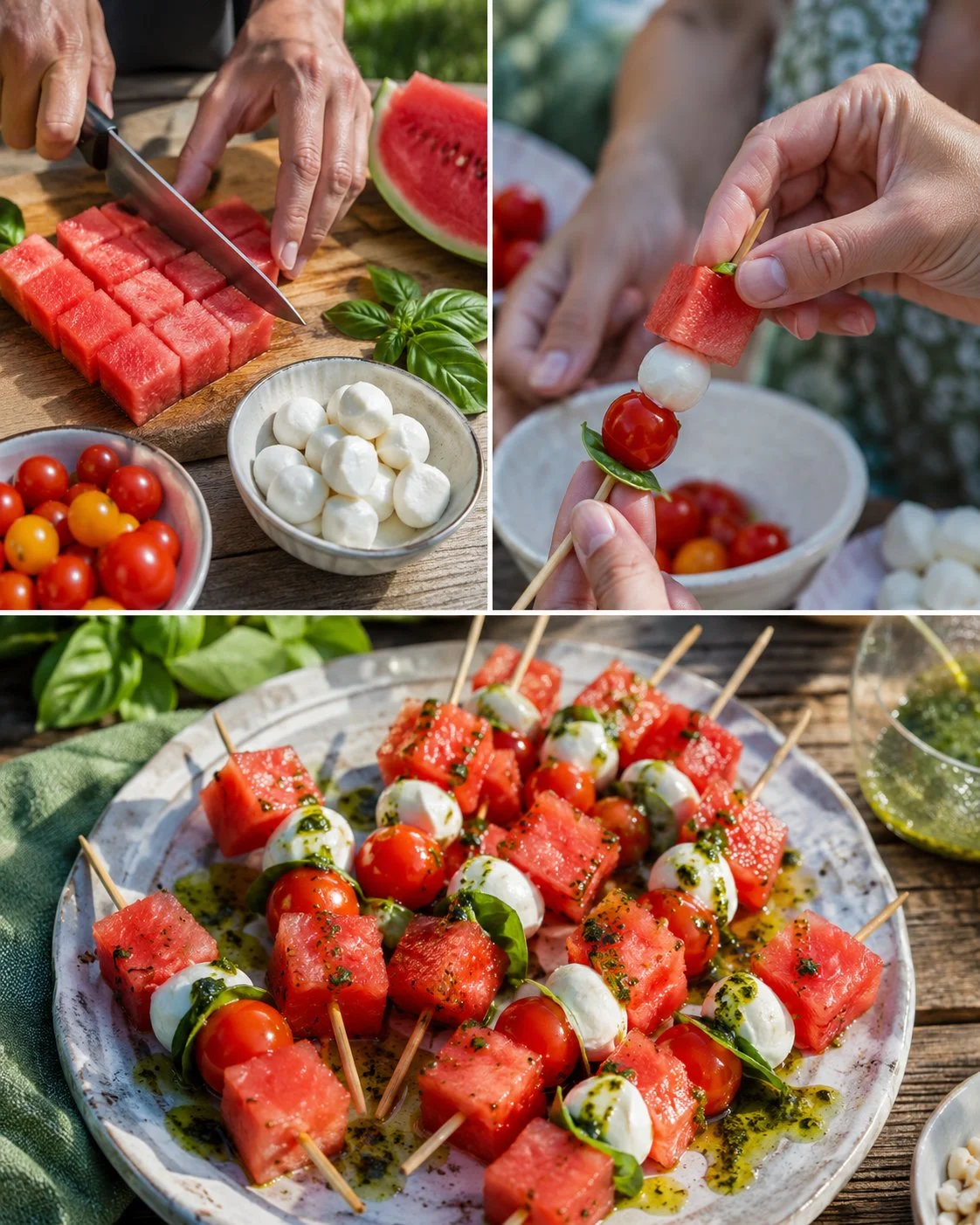 Wassermelonen-Caprese-Spieße mit Basilikumöl auf einem Teller dekoriert.