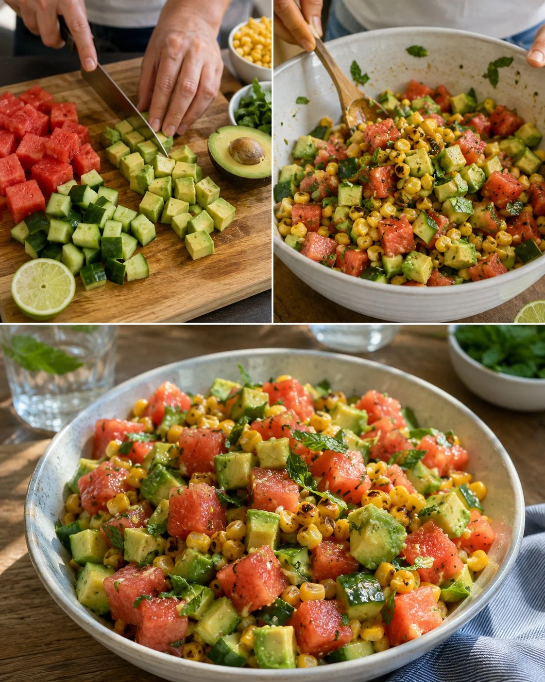 Wassermelonen-Corn-Salad mit Avocado und Limette in einer Schüssel
