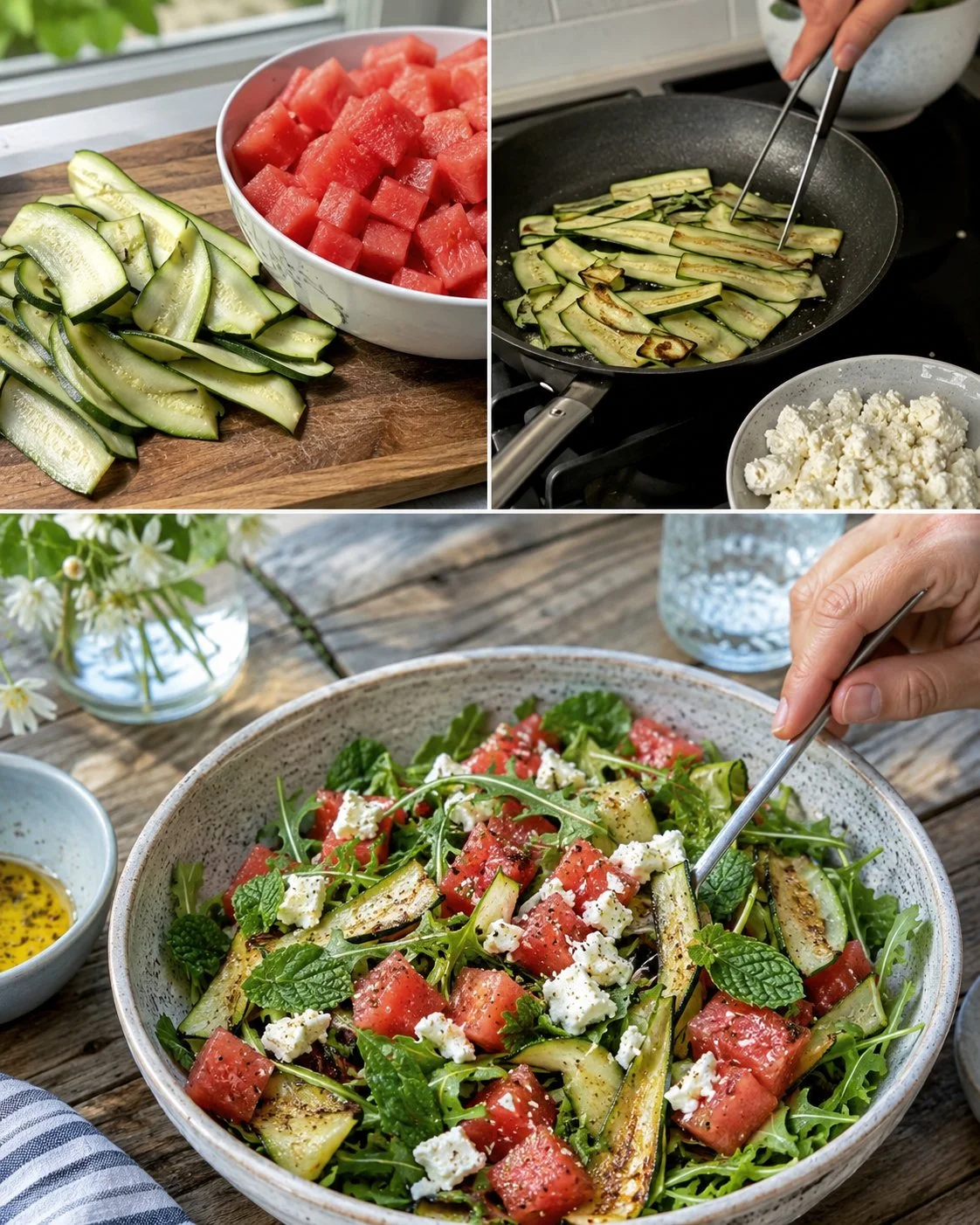 Wassermelonen-Feta-Bowl mit gebratenen Zucchinistreifen auf einem Teller.