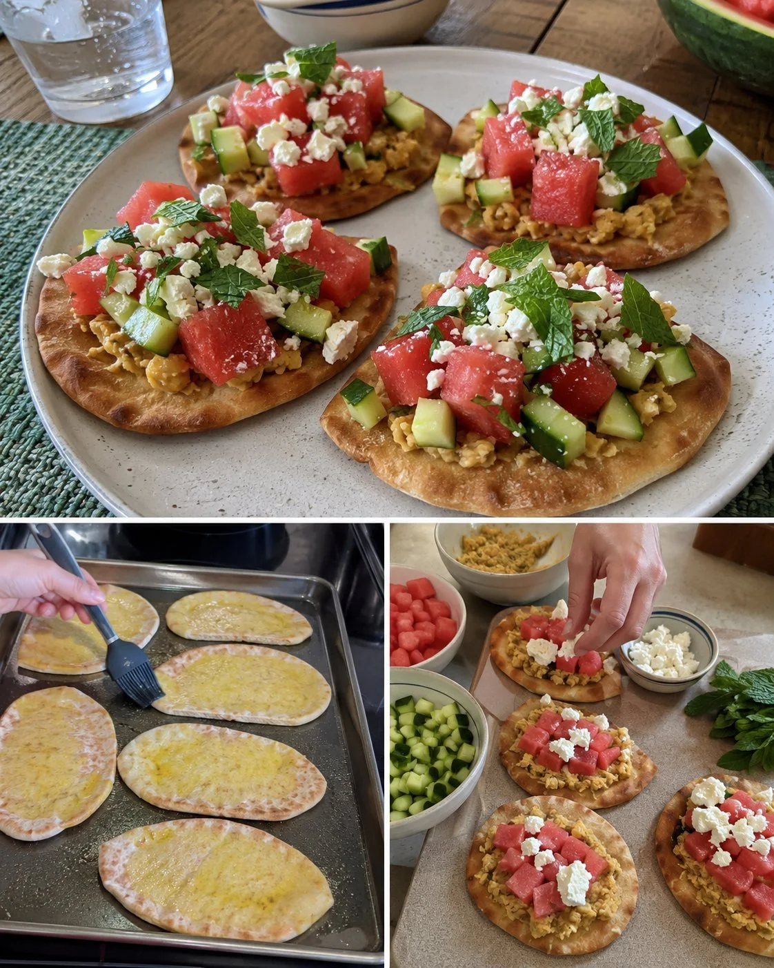 Wassermelonen-Feta-Pita-Toast mit Kichererbsen auf einem Teller serviert.