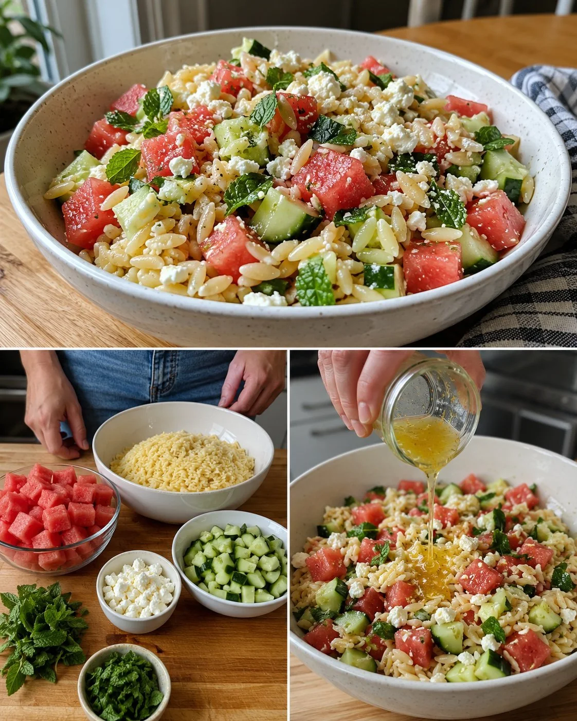 Wassermelonen Feta Orzo Salat in einer bunten Schüssel für Picknick