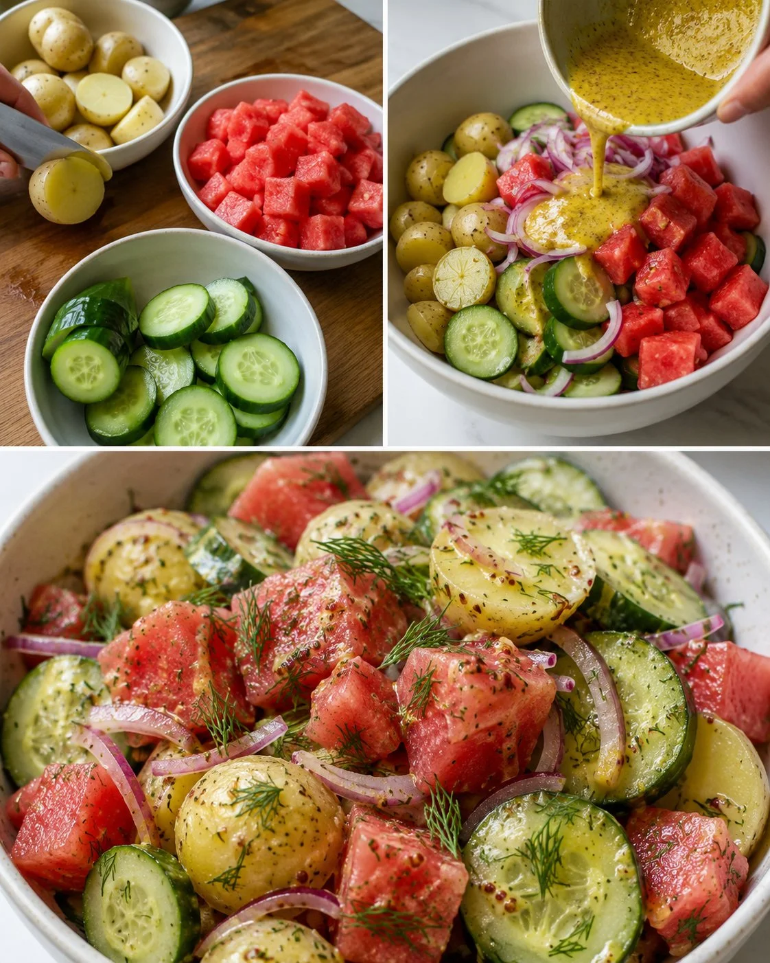 Erfrischender Wassermelonen-Gurken-Potato-Salat mit Senfdressing.