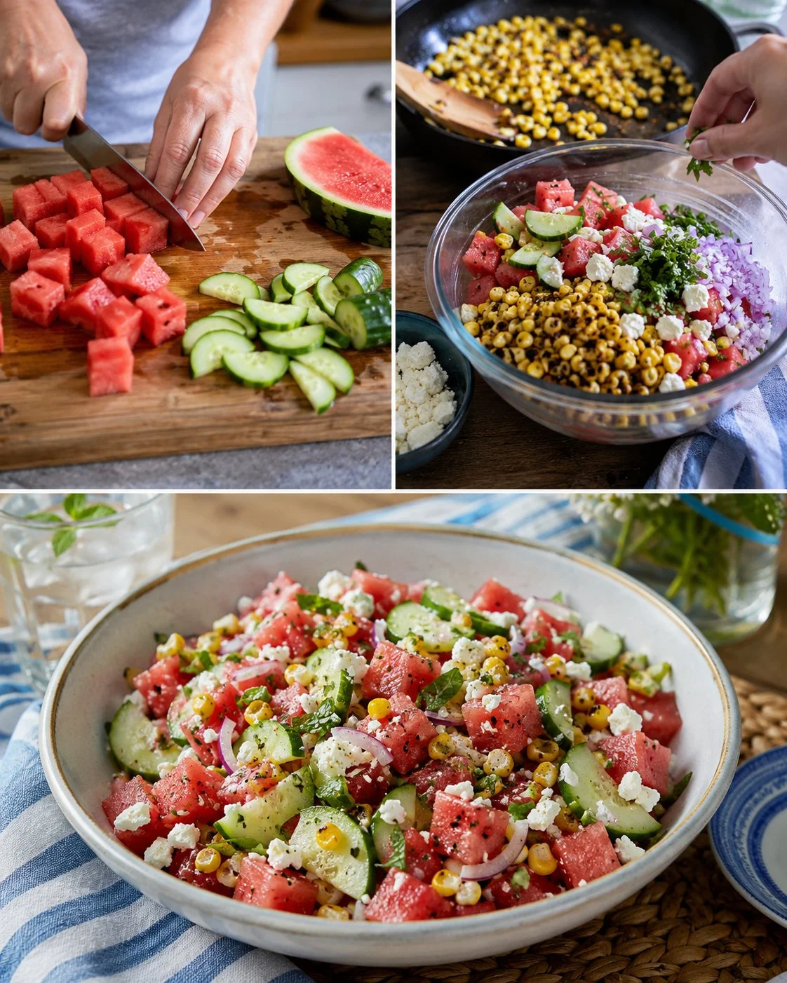 Wassermelonen-Gurken-Salat mit geröstetem Mais in einer bunten Schüssel.