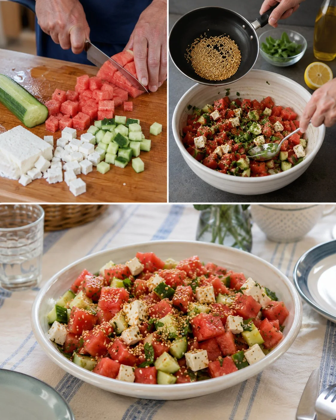 Wassermelonen-Gurken-Salat mit Sesam und Feta in einer Schüssel