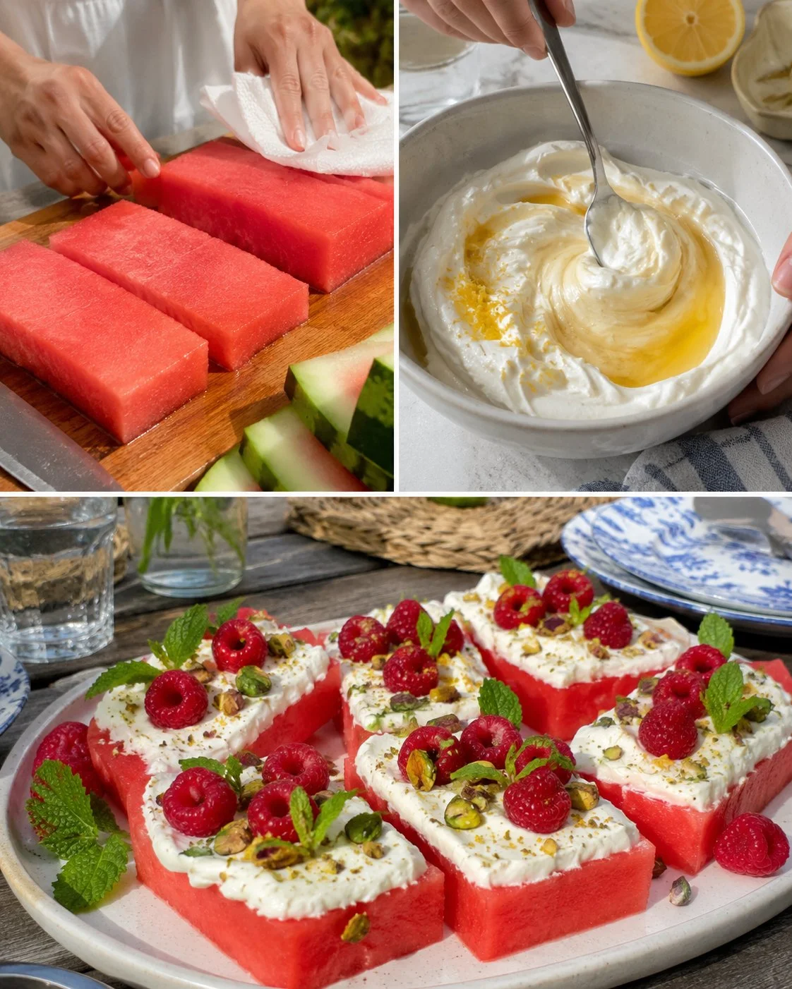 Wassermelonen-Joghurt-Schnitten mit Himbeeren auf einem Teller