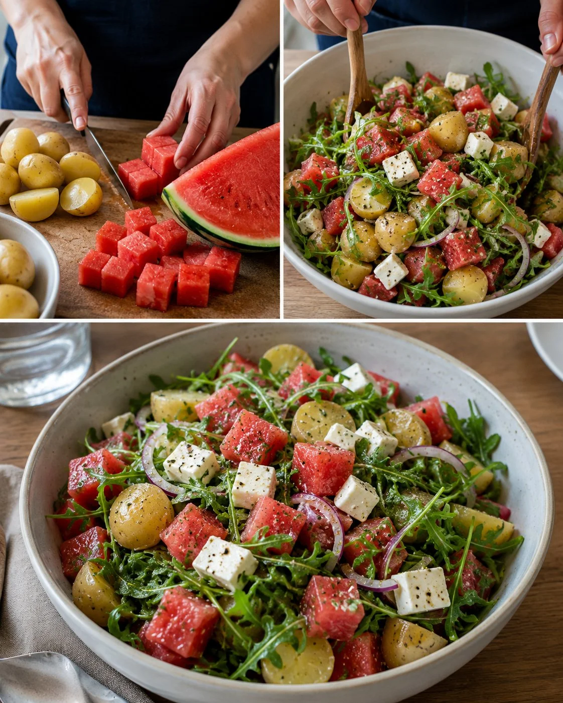 Wassermelonen-Kartoffel-Salat mit Rucola und Hirtenkäse auf einem Teller