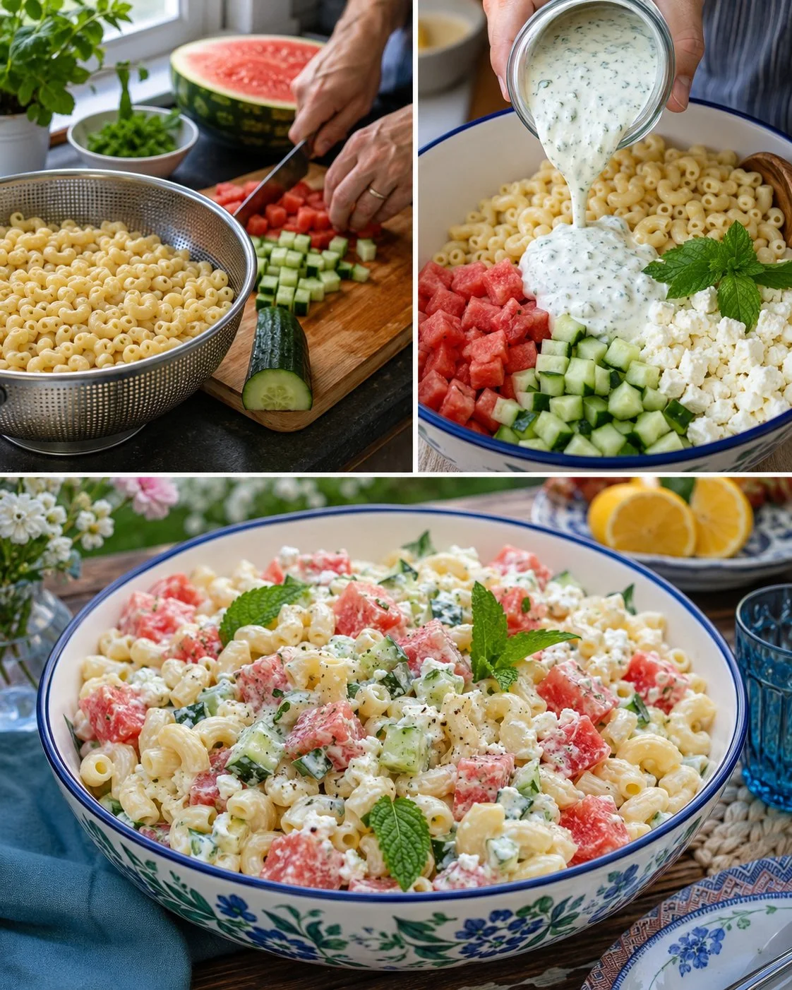 Wassermelonen-Macaroni-Salat mit Minz-Joghurt auf einem Teller serviert