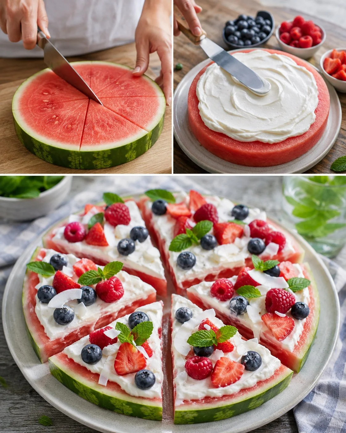 Wassermelonen-Pizza mit Quarkcreme und frischen Beeren als erfrischendes Dessert