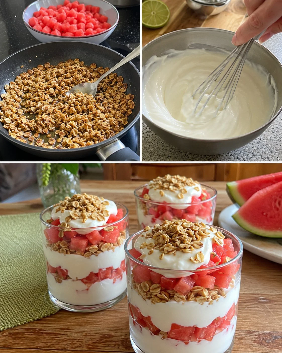 Wassermelonen-Quark-Becher mit Haferknusper auf einem Tisch