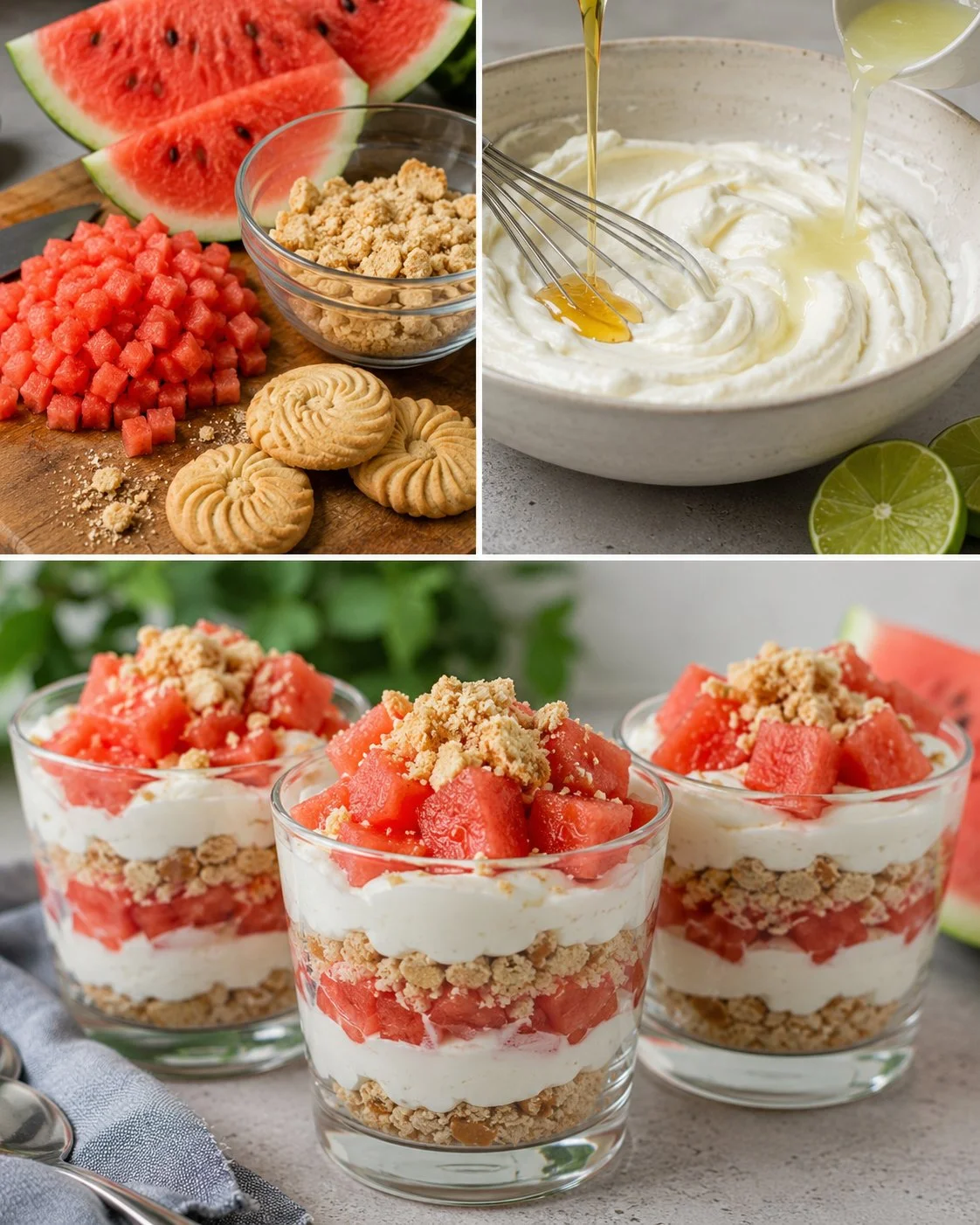 Wassermelonen-Quark-Becher mit Knusperkeks, fruchtig und cremig serviert.