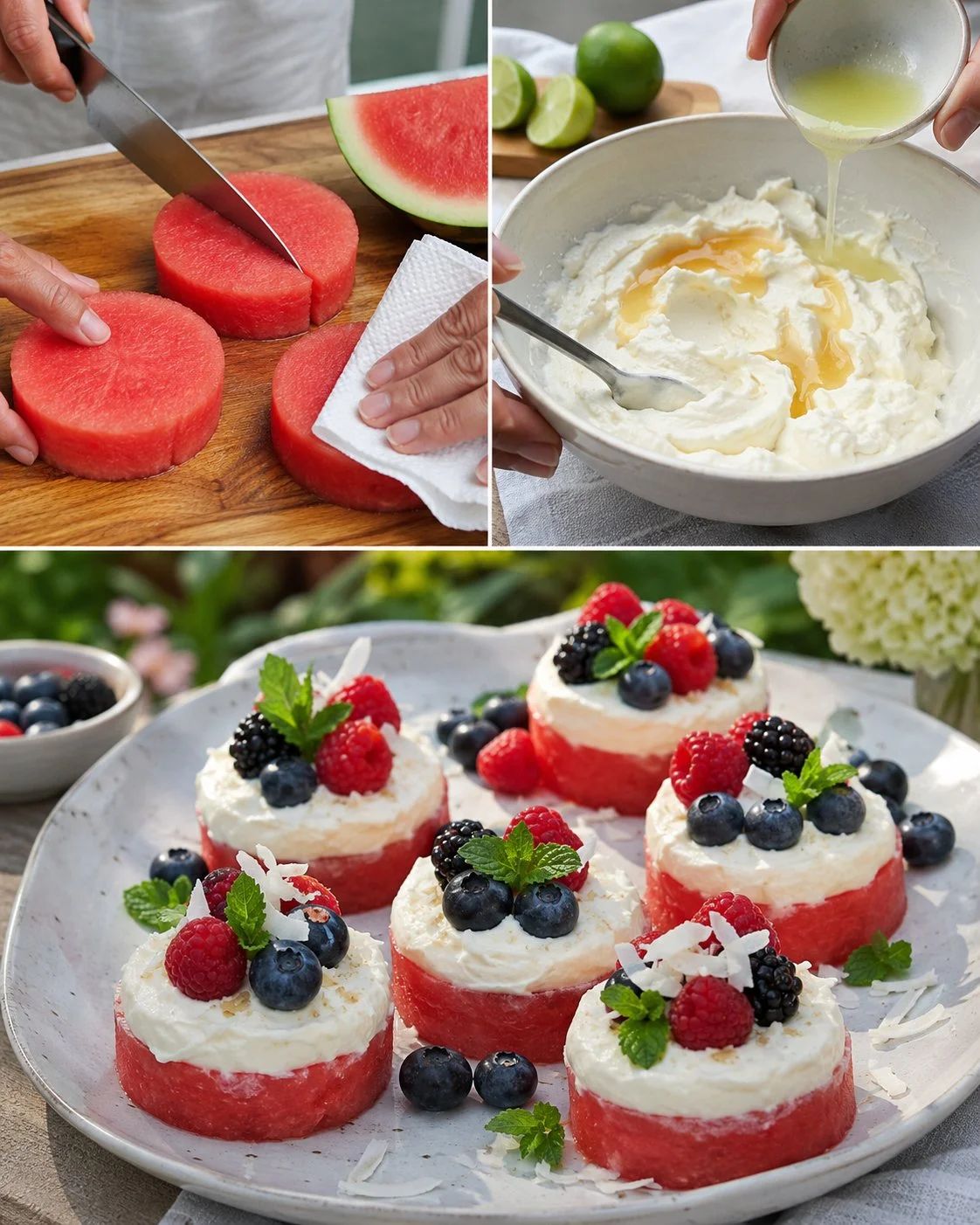 Wassermelonen-Quark-Taler mit bunten Beeren auf einem Teller.