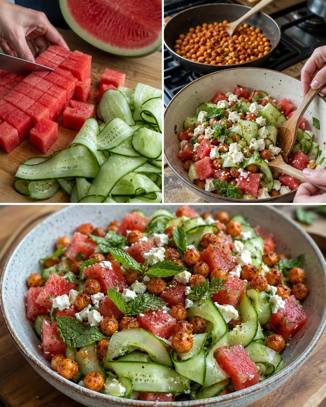 Wassermelonen-Salat mit Gurkenband und gerösteten Kichererbsen auf einem Teller