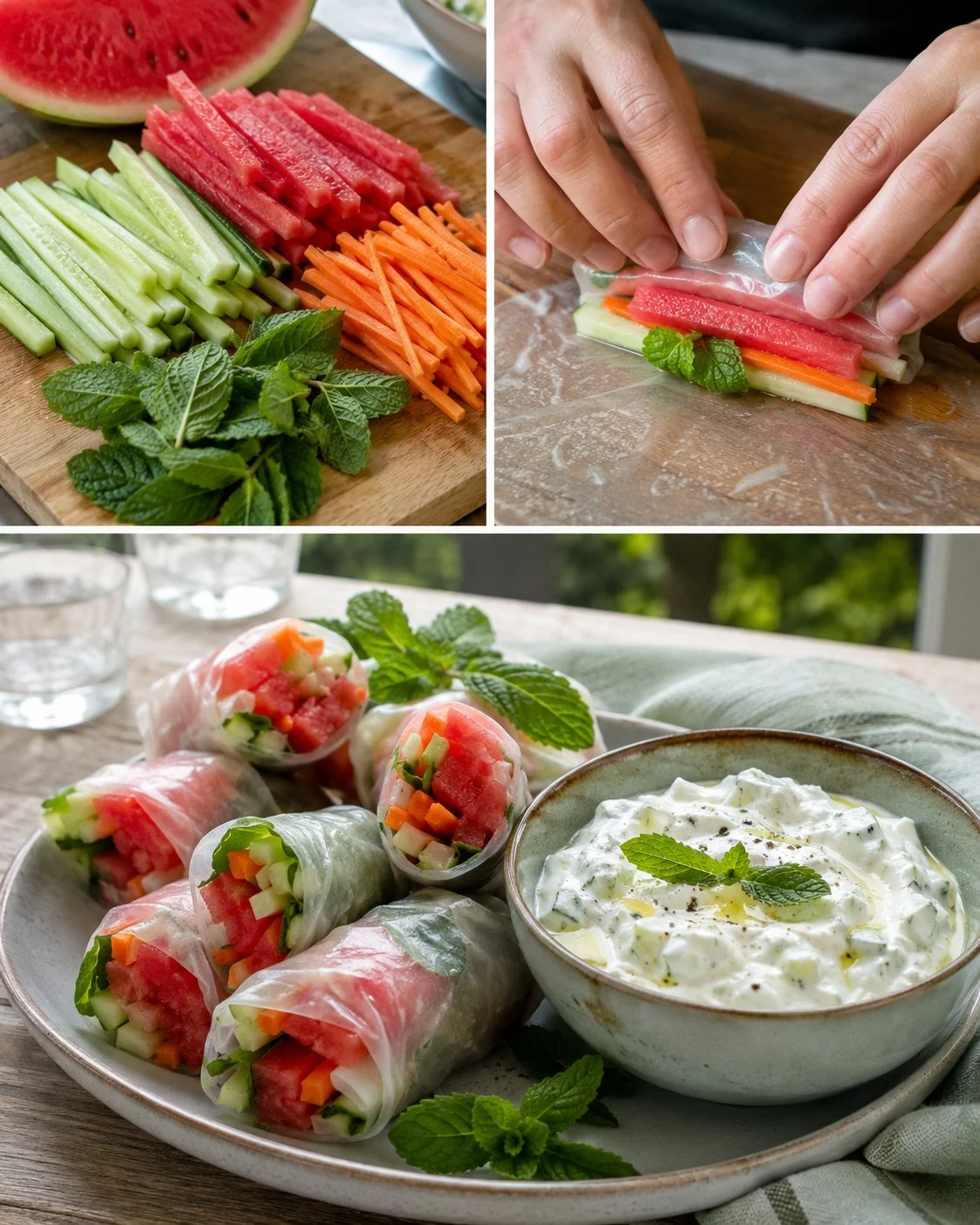 Wassermelonen-Sommerrollen mit Gurke und Feta-Dip auf einem Teller.