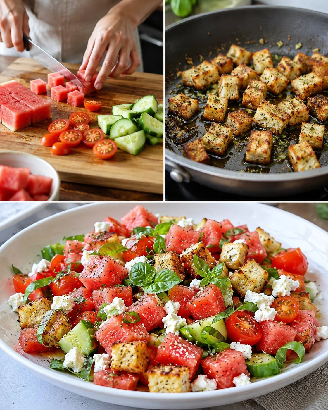 Wassermelonen-Tomaten-Salat mit Basilikum und knusprigen Croûtons auf einem Teller.