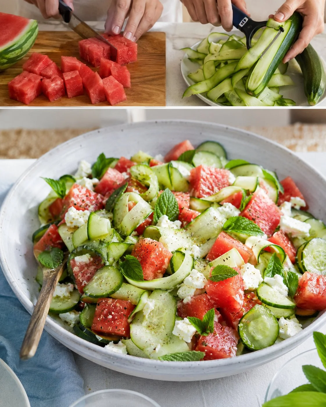 Wassermelonen-Zucchini-Salat mit Feta und frischer Minze auf einem Teller