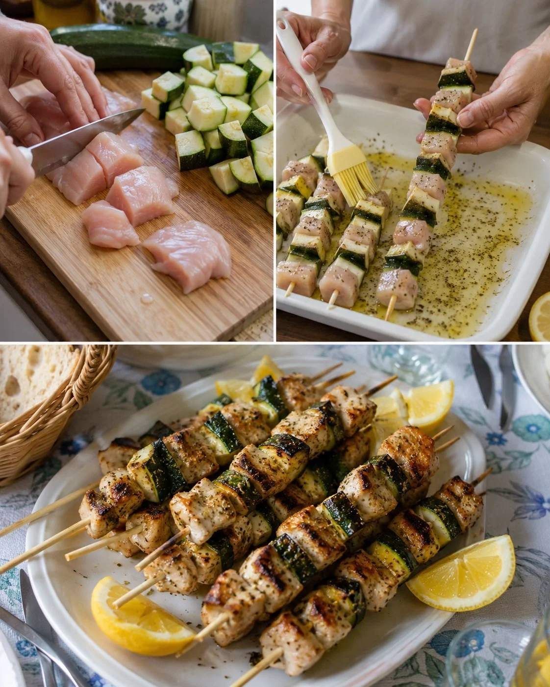 Zitronen-Hühnchen und Zucchini-Spießchen auf einem Teller serviert