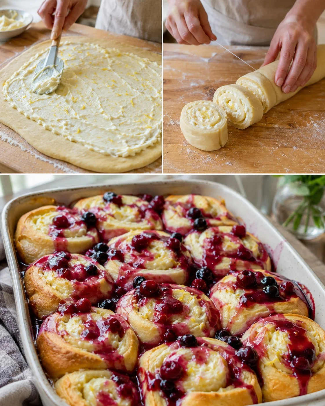 Zitronen-Ricotta-Schnecken mit Beerenguss auf einem Teller angerichtet